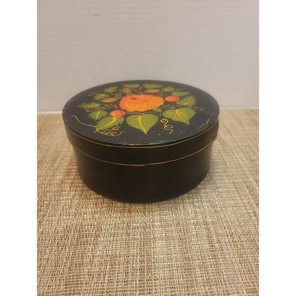 Vtg Hand Painted Wooden Trinket Box 6" Round with Lid Floral Design - Picture 1 of 11